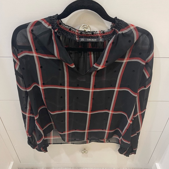 Zara windowpane blouse with subtle velvet dots size M - Picture 2 of 8